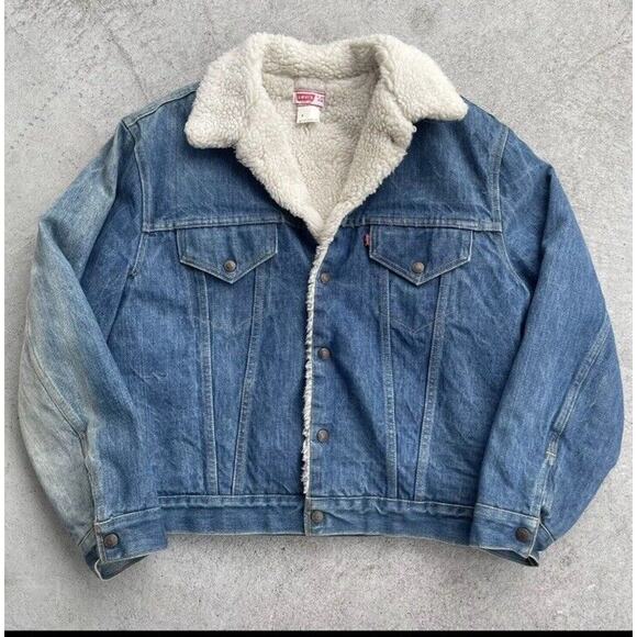 Uniquely Faded Levi's Vintage 70's USA Made Sherpa Denim Trucker Jacket Mens 44 - Picture 1 of 7
